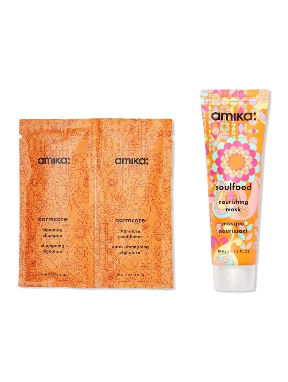 amika Soulfood Nourishing Mask + Normcore Shampoo & Conditioner Sachets.